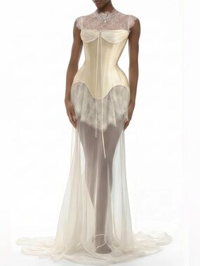Miss Rosier Michalina White Lace Convertible
Gown with Detachable Skirt